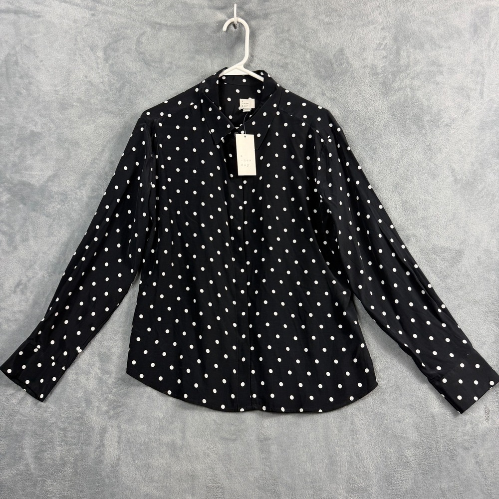 A New Day Womens M Black Polka Dot Button Up Long Sleeve Rayon Office Siren Top